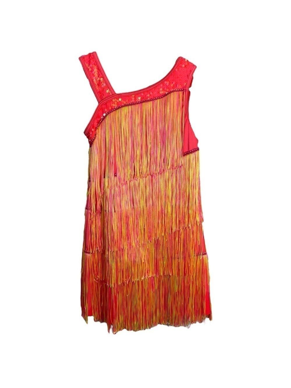 Weissman Bright Fringe Dance Costume Girls XLC 16/18 Pink Bodysuit Leotard GUC